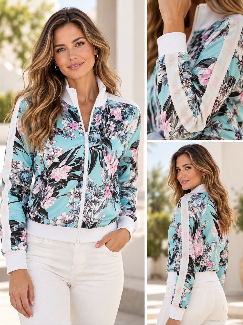 Nike Floral Full Zip Track Jacket Women’s Medium Aqua Pink White Logo Tape